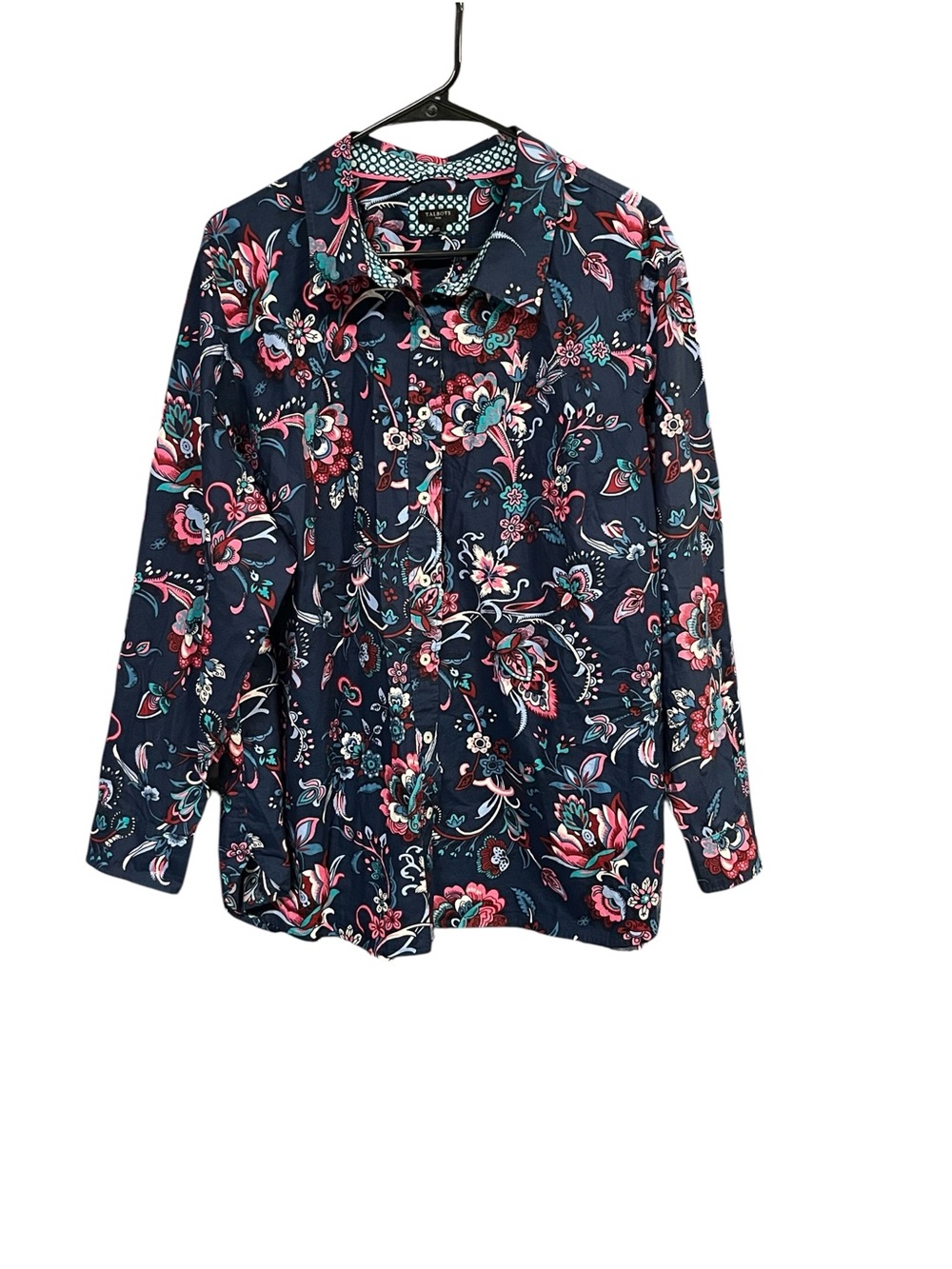Talbots Plus 3X Navy Floral Cotton Boho Button Down Shirt Colorful Cottagecore
